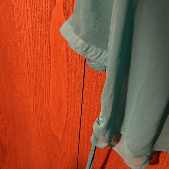 Vanity Teal Button-Up Blouse with Black Trim - Picture 4 of 4